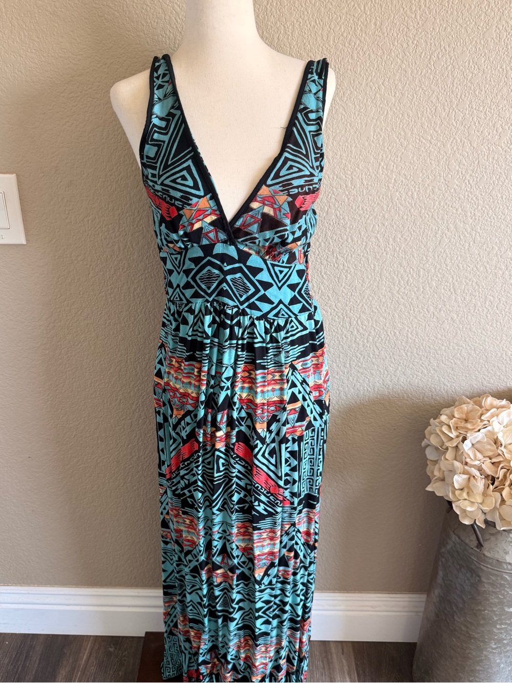 Angie Turquoise Aztec-Print Deep V Maxi Dress